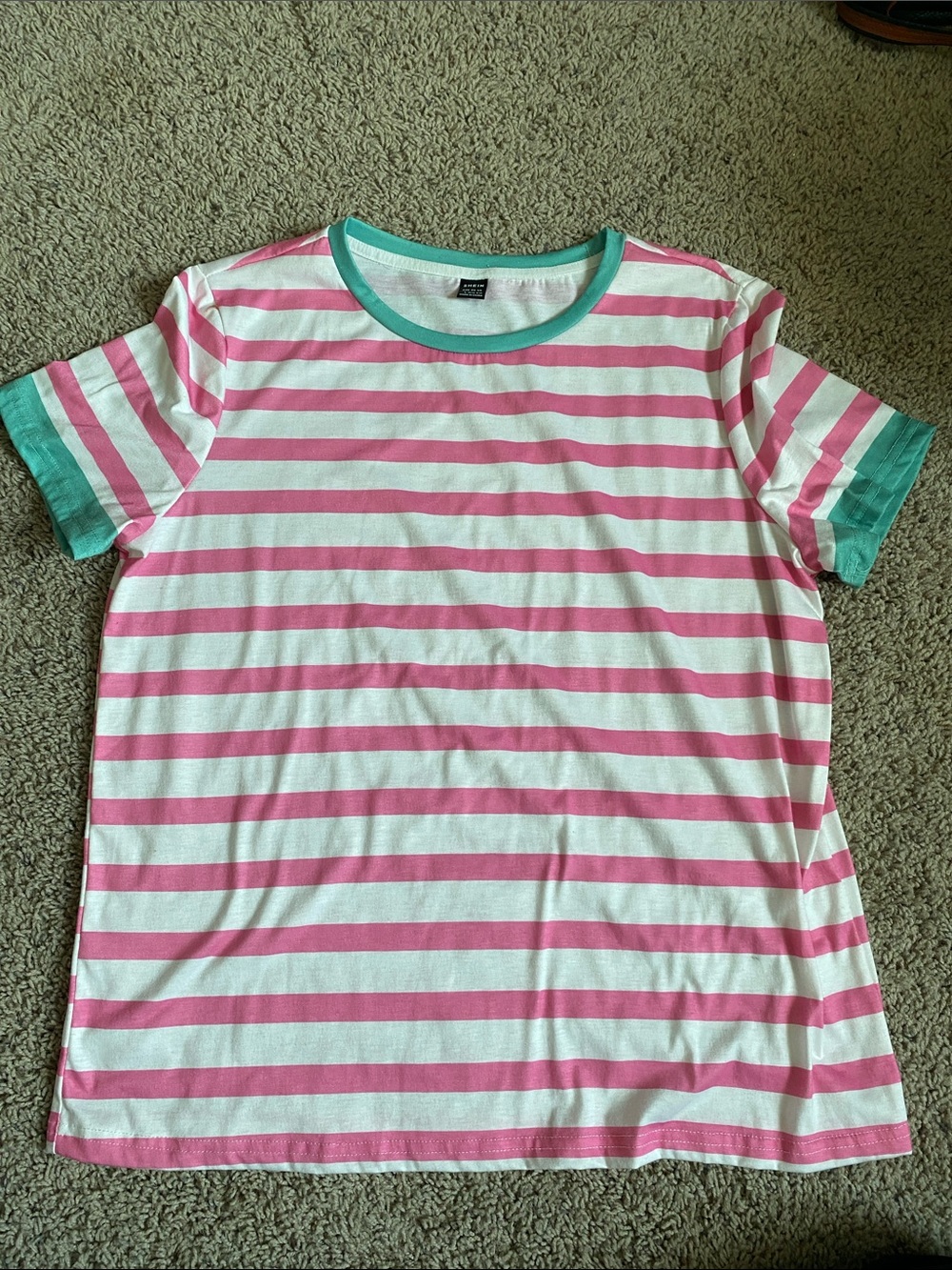 SHEIN Pink & White Striped Short Sleeve Tee with Teal Trim